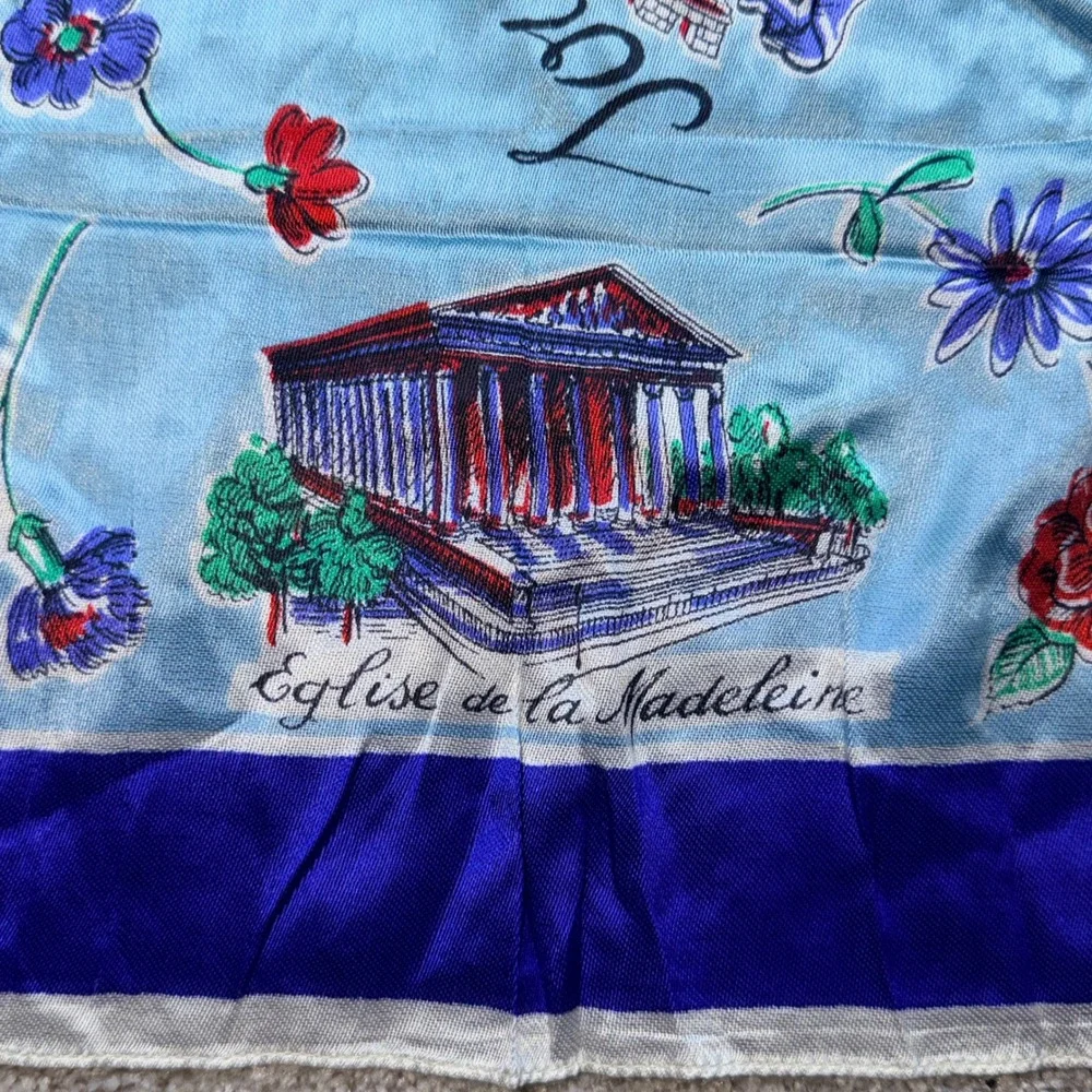 Vintage Souvenir de Paris Scarf Blue Eiffel Tower Notre Dame Landmarks